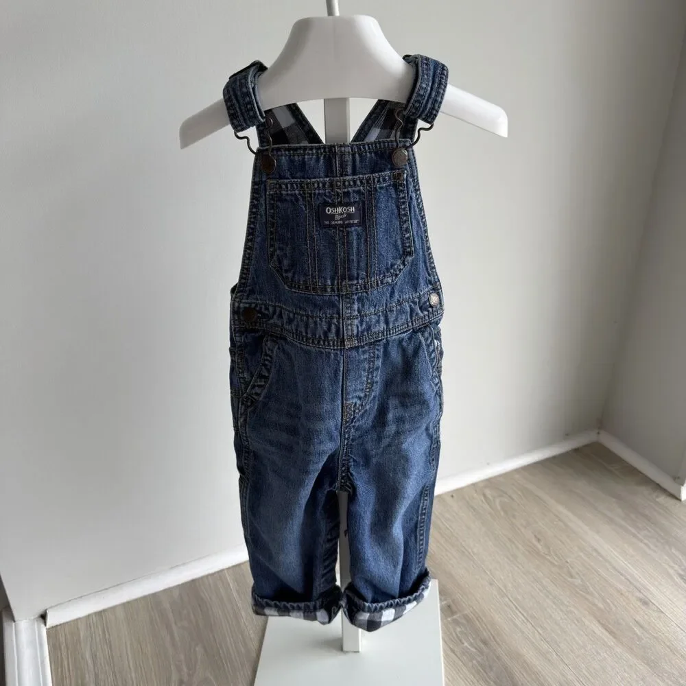 Osh Kosh B’Gosh Denim Plaid Flannel Lined Overalls Boys 18-24 Months Cabin Gorp